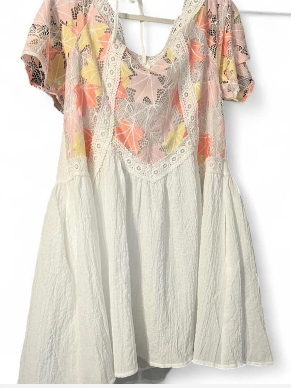 DAVI & DANI Ivory Midi Dress with Pink and Yellow Floral Lace Bodice